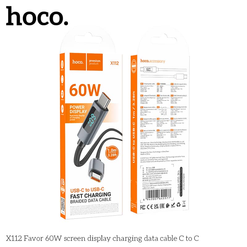  Hoco X112 Favor 60W Screen Display Charging Data Cable (Type-C to Type-C)