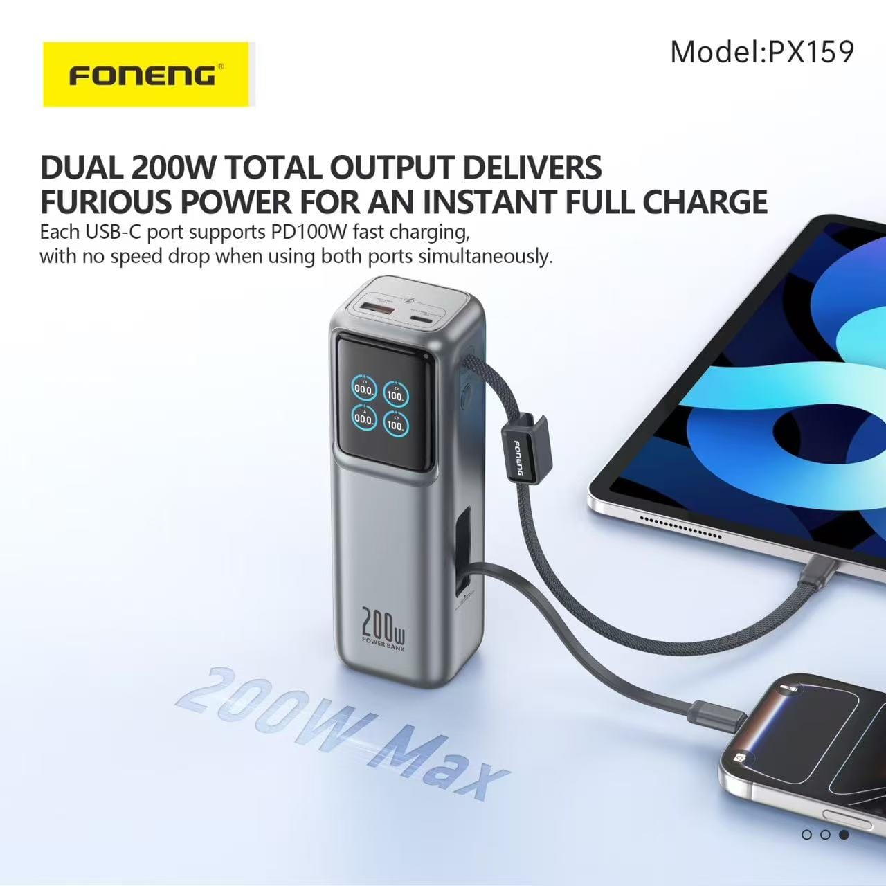 Foneng  PX159 20,000mAh 200W PD Fast Charging Power Bank with Retractable Cable & TFT Display