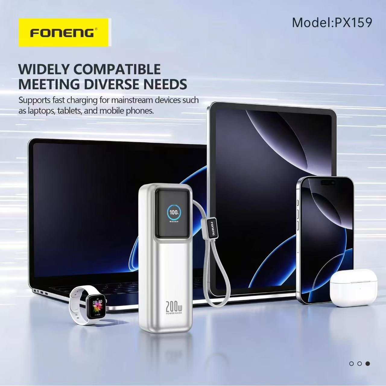 Foneng  PX159 20,000mAh 200W PD Fast Charging Power Bank with Retractable Cable & TFT Display