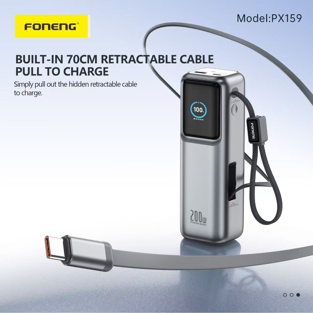 Foneng  PX159 20,000mAh 200W PD Fast Charging Power Bank with Retractable Cable & TFT Display