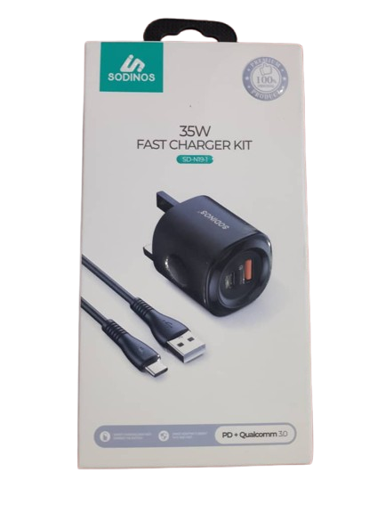 SODINOS 35W Fast Charger Kit | PD + Qualcomm 3.0 | Dual Port | With Cable
