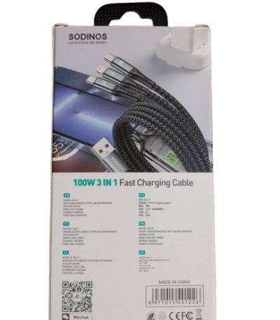 🔌 SODINOS 100W 3-in-1 Fast Charging Cable