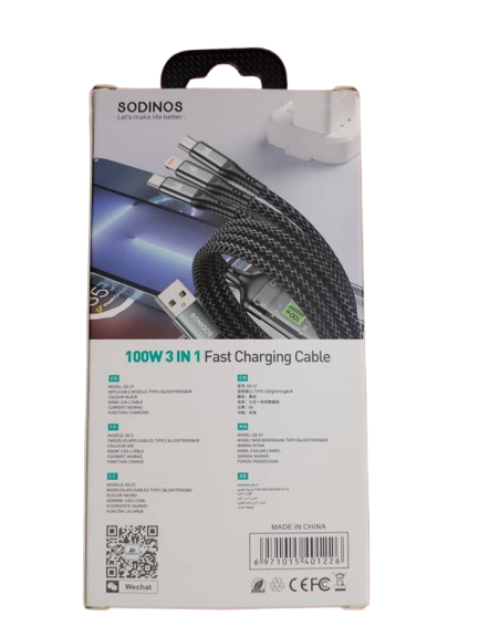 🔌 SODINOS 100W 3-in-1 Fast Charging Cable