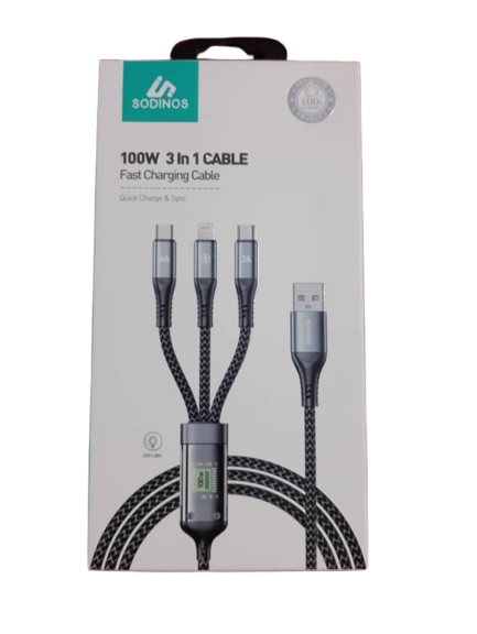 🔌 SODINOS 100W 3-in-1 Fast Charging Cable